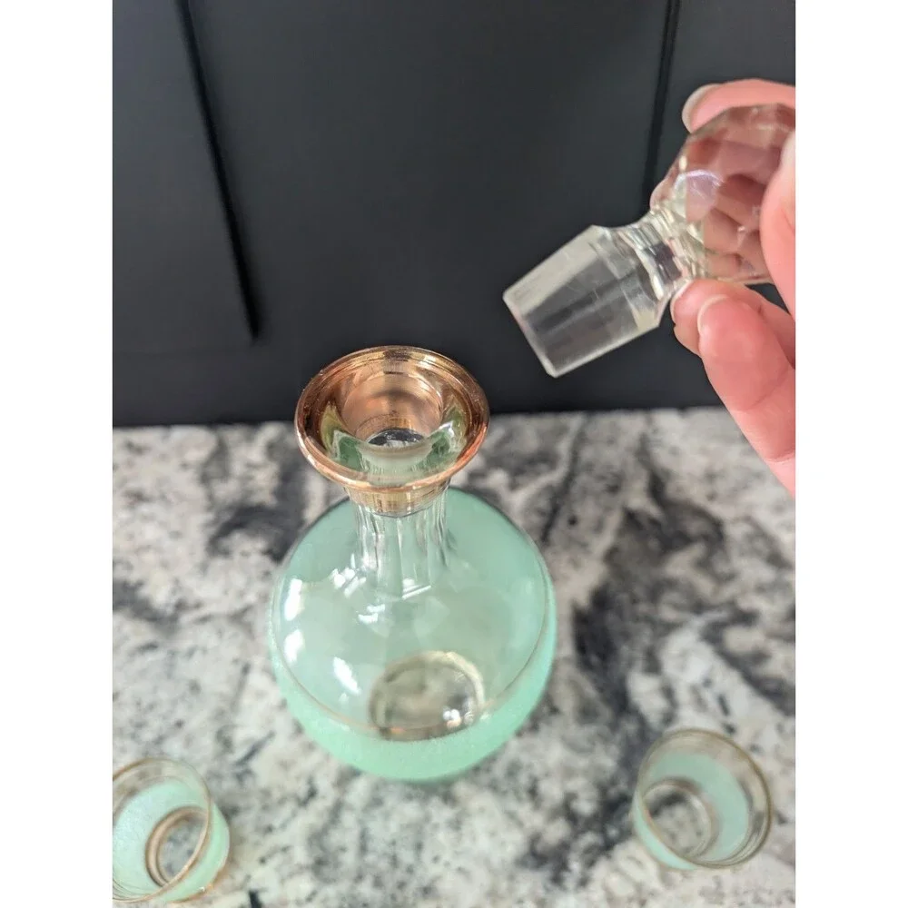 Vintage USSR Red Giant Green Sand Decanter 4 Shot Glasses Soviet Glass Set